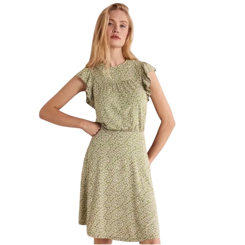 Women’s Boden Flutter Sleeve Dress Ditzy Floral Jersey Pockets Size 4 Green Pink